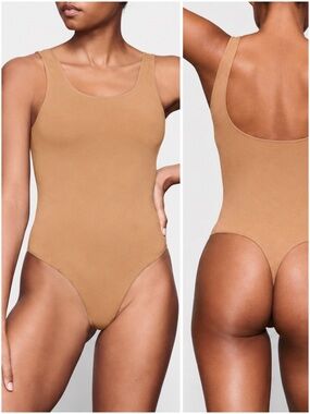 SKIMS Fits Everybody Square Neck Thong Bodysuit Clay Large NWT Shapewear